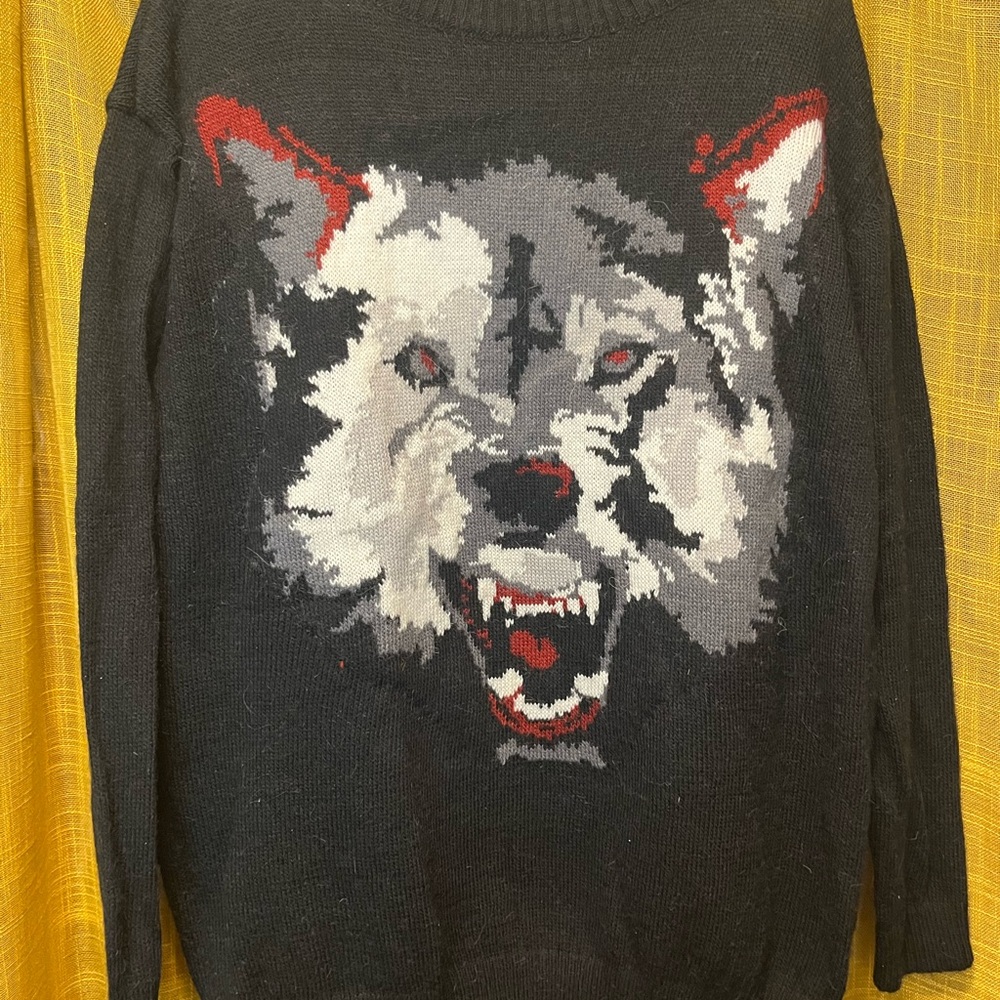 Oversized Black Wolf Wool Knit Sweater